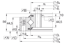 交叉滾子軸承 XSU140644, 標(biāo)準(zhǔn)系列 14， 無齒輪齒，兩側(cè)唇密封