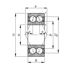 角接觸球軸承 3811-B-2RSR-TVH, 雙列，雙側(cè)唇密封，接觸角 α = 25°